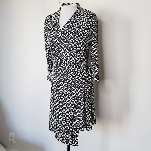 Laundry by Design Dress Wrap Geometric Retro Vintage Stretch Black White M - Picture 2 of 10